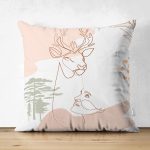 Çift Taraflı Beyaz Zeminde Geyik Desenli Bayan Silüeti Süet Yastık Kırlent Kılıfı Realhomes