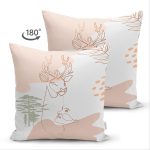 Çift Taraflı Beyaz Zeminde Geyik Desenli Bayan Silüeti Süet Yastık Kırlent Kılıfı Realhomes