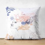 - Suet-K-7373-Gorsel1 - Realhomes Çift Taraflı Beyaz Zemin Üzerinde Onedraw Çizimli Bayan Silüeti Modern Süet Yastık Kırlent Kılıfı Realhomes