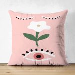 - Suet-K-7384-Gorsel1 - Realhomes  Çift Taraflı Pudra Zemin Üzerinde Onedraw Çizimli Çiçek Desenli Modern Süet Yastık Kırlent Kılıfı Realhomes