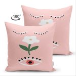 - Suet-K-7384-Gorsel2 - Realhomes  Çift Taraflı Pudra Zemin Üzerinde Onedraw Çizimli Çiçek Desenli Modern Süet Yastık Kırlent Kılıfı Realhomes