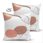 Çift Taraflı Beyaz Zemin Üzerinde Onedraw Çizimli Yaprak Motifli Süet Yastık Kırlent Kılıfı Realhomes