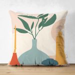 Çift Taraflı Renkli Zeminde Onedraw Çizimli Vazo Temalı Dijital Baskılı Modern Süet Kırlent Kılıfı Realhomes