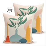 Çift Taraflı Renkli Zeminde Onedraw Çizimli Vazo Temalı Dijital Baskılı Modern Süet Kırlent Kılıfı Realhomes