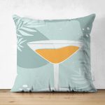 Çift Taraflı Renkli Zeminde Bardak Desenli Dijital Baskılı Modern Süet Yastık Kırlent Kılıfı Realhomes