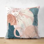 Çift Taraflı Renkli Zeminde Soyut Çizimli Dijital Baskılı Modern Süet Yastık Kırlent Kılıfı Realhomes