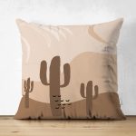 Çift Taraflı Renkli Zeminde Onedraw Çizimli Kaktus Desenli Dijital Baskılı Modern Süet Yastık Kılıfı Realhomes