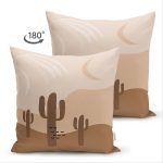 Çift Taraflı Renkli Zeminde Onedraw Çizimli Kaktus Desenli Dijital Baskılı Modern Süet Yastık Kılıfı Realhomes