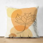 - Suet-K-7450-Gorsel1 - Realhomes Çift Taraflı Renkli Zeminde Onedraw Çizimli Yaprak Desenli Dijital Baskılı Modern Süet Yastık Kılıfı Realhomes