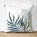 - Suet-K-7458-Gorsel1 - Realhomes  Çift Taraflı Beyaz Zeminde Onedraw Çizimli Yaprak Desenli Dijital Baskılı Modern Süet Kırlent Kılıfı Realhomes