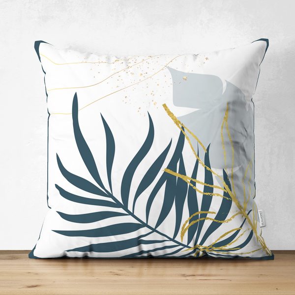 - Suet-K-7458-Gorsel1 - Realhomes  Çift Taraflı Beyaz Zeminde Onedraw Çizimli Yaprak Desenli Dijital Baskılı Modern Süet Kırlent Kılıfı Realhomes