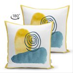 Çift Taraflı Beyaz Zeminde Onedraw Çizimli Renkli Oval Obje Modern Süet Yastık Kırlent Kılıfı Realhomes