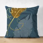 - Suet-K-7470-Gorsel1 - Realhomes  Çift Taraflı Renkli Zeminde Onedraw Çizimli Yaprak Desenli Dijital Baskılı Modern Süet Yastık Kılıfı Realhomes