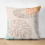 Çift Taraflı Renkli Zeminli Onedraw Çizimli Yaprak Desenli Dijital Baskılı Modern Süet Yastık Kılıfı Realhomes