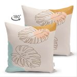 Çift Taraflı Renkli Zeminli Onedraw Çizimli Yaprak Desenli Dijital Baskılı Modern Süet Yastık Kılıfı Realhomes