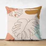 - Suet-K-7477-Gorsel1 - Realhomes Çift Taraflı Renkli Zeminli Onedraw Çizimli Yaprak Desenli Dijital Baskılı Modern Süet Yastık Kılıfı Realhomes