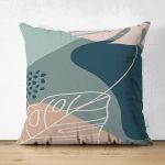 Çift Taraflı Renkli Zeminli Onedraw Çizimli Yaprak Desenli Dijital Baskılı Modern Süet Yastık Kılıfı Realhomes