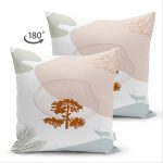 Çift Taraflı Beyaz Zeminli Onedraw Çizimli Ağaç Motifli Dijital Baskılı Modern Süet Kırlent Kılıfı Realhomes