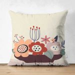 Çift Taraflı Renkli Zeminli Onedraw Çizimli Çiçek Desenli Dijital Baskılı Modern Süet Kırlent Kılıfı Realhomes