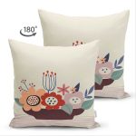 Çift Taraflı Renkli Zeminli Onedraw Çizimli Çiçek Desenli Dijital Baskılı Modern Süet Kırlent Kılıfı Realhomes