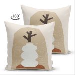 Çift Taraflı Renkli Zemin Üzerinde Onedraw Çizimli Obje Desenli Modern Süet Yastık Kırlent Kılıfı Realhomes