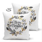 Çift Taraflı Beyaz Zeminli Merry Christmas Yazılı Dijital Baskılı Modern Süet Yastık Kırlent Kılıfı Realhomes