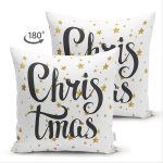Çift Taraflı Beyaz Zemin Üzerinde Gold Renkli Yıldız Desenli Christmas Süet Yastık Kırlent Kılıfı Realhomes