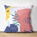 Çift Taraflı Beyaz Zeminli Renkli Onedraw Çizimli Dijital Baskılı Modern Süet Yastık Kırlent Kılıfı Realhomes