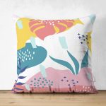 Çift Taraflı Beyaz Zeminli Renkli Onedraw Çizimli Dijital Baskılı Modern Süet Yastık Kırlent Kılıfı Realhomes