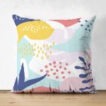 Çift Taraflı Beyaz Zeminli Renkli Onedraw Çizimli Dijital Baskılı Modern Süet Yastık Kırlent Kılıfı Realhomes