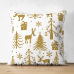 - Suet-K-7559-Gorsel1 - Realhomes Çift Taraflı Beyaz Zemin Üzerinde Gold Renkli Yılbaşı Temalı Modern Süet Yastık Kırlent Kılıfı Realhomes
