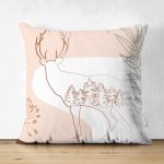 Çift Taraflı Renkli Zeminli Onedraw Çizimli Geyik Desenli Dijital Baskılı Modern Süet Kırlent Kılıfı Realhomes