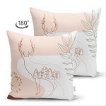 Çift Taraflı Renkli Zeminli Onedraw Çizimli Geyik Desenli Dijital Baskılı Modern Süet Kırlent Kılıfı Realhomes