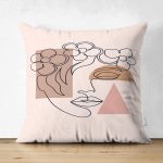 Çift Taraflı Pastel Zeminli Onedraw Çizimli Bayan Silüeti Dijital Baskılı Modern Süet Kırlent Kılıfı Realhomes