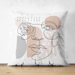Çift Taraflı Beyaz Zemin Üzerinde Onedraw Çizimli Bayan Silüeti Modern Süet Yastık Kırlent Kılıfı Realhomes