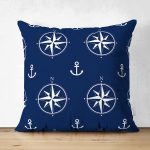 Çift Taraflı Lacivert Zemin Üzerinde Modern Pusula Desenli Dijital Baskılı Modern Süet Yastık Kılıfı Realhomes