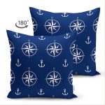 Çift Taraflı Lacivert Zemin Üzerinde Modern Pusula Desenli Dijital Baskılı Modern Süet Yastık Kılıfı Realhomes