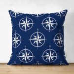 Çift Taraflı Lacivert Zemin Üzerinde Modern Pusula Desenli Dijital Baskılı Modern Süet Yastık Kılıfı Realhomes