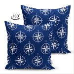Çift Taraflı Lacivert Zemin Üzerinde Modern Pusula Desenli Dijital Baskılı Modern Süet Yastık Kılıfı Realhomes