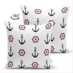 Çift Taraflı Beyaz Zeminli Renkli Çapa Desenli Dijital Baskılı Modern Süet Yastık Kırlent Kılıfı Realhomes