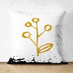 Çift Taraflı Beyaz Zemin Üzerinde Gold Rengarenk Onedraw Çizimli Çiçek Desenli Süet Kırlent Kılıfı Realhomes