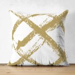 Çift Taraflı Beyaz Zemin Üzerinde Gold Renkli Geometrik Çizimli Modern Süet Yastık Kırlent Kılıfı Realhomes
