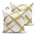 Çift Taraflı Beyaz Zemin Üzerinde Gold Renkli Geometrik Çizimli Modern Süet Yastık Kırlent Kılıfı Realhomes