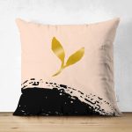 Çift Taraflı Pastel Zemin Üzerinde Gold Detaylı Yaprak Desenli Modern Süet Yastık Kırlent Kılıfı Realhomes