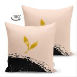 Çift Taraflı Pastel Zemin Üzerinde Gold Detaylı Yaprak Desenli Modern Süet Yastık Kırlent Kılıfı Realhomes
