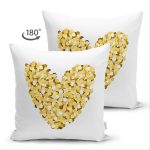 Çift Taraflı Beyaz Zemin Üzerinde Gold Detaylı Kalp Çizimli Modern Süet Yastık Kırlent Kılıfı Realhomes