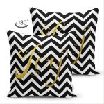 Çift Taraflı Beyaz Zemin Üzerinde Gold Detaylı Siyah Zigzag Modern Süet Yastık Kırlent Kılıfı Realhomes