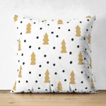 Çift Taraflı Beyaz Zemin Üzerinde Gold Detayli Çamağacı Desenli Modern Süet Yastık Kırlent Kılıfı Realhomes