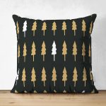 Çift Taraflı Siyah Zemin Üzerinde Gold Detaylı Çamağacı Desenli Modern Süet Yastık Kırlent Kılıfı Realhomes