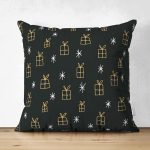 Çift Taraflı Siyah Zemin Üzerinde Gold Detaylı Hediye Paketi Çizimli Süet Yastık Kırlent Kılıfı Realhomes